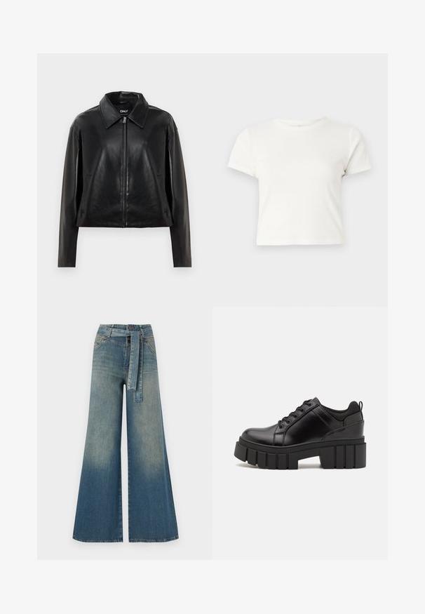 Čierna umelá kožená bunda s celým predným zipsom, špicatým golierom a bočnými vreckami, vystavená na bielom pozadí.; Krátke biele tričko vyrobené z bavlny s krátkymi rukávmi, okrúhlym výstrihom a rovnými okrajmi, s hladkou textúrou a minimálnym dizajnom.; Džínsy s širokými nohavicami, ktoré majú prechod od svetlomodrej po tmavomodrú, vysoký pás, pútka na opasok a opasok z rovnakého materiálu. Textúrovaný denimový povrch.; Čierne kožené platformy s masívnym blokovým podpätkom, okrúhlou špičkou a tradičným šnurovaním. Má hladký povrch a minimálne detaily.