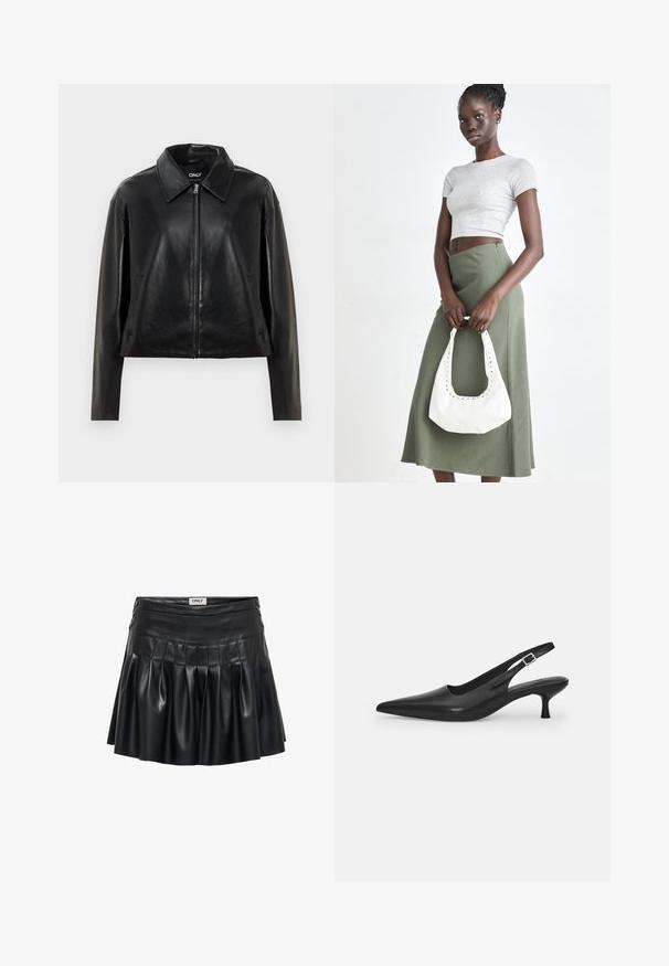 Must must nahkjakkt, millel on täispikk tõmblukk, terav krae ja küljetaskud, esitatud valge tausta taustal.; Pikad varrukad, kreemika värvusega keha lähedalt istuv top, millel on volangidega ümmargune kaelus ja äär, esitatud lihtsal heledatel hallil taustal.; Mustast faux nahast seelik, mis on varustatud voldikute, ülikitsaste puusadega ja dekoratiivsete metalldetailidega külgedel. Sile tekstuur läikiva viimistlusega.; Mustmustast musta nahast slingback king, millel on terav varvas ja kitsas, kumer konts. Omab diskreetset reguleeritavat rihma metallist pandlaga.; Hallid hall pitsakene ja oliiviroheline kõrge vöökohtadega seelik. Mudel hoiab käes valget õlakotit, millel on lõikega detailid. Lihtne disain, vormiline siluett.