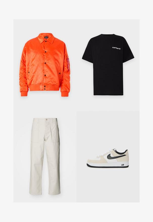 Sjajna narančasta satenska bomber jakna s crnim dugmadima, rebrastim naramenicama i bočnim džepovima. Sadrži suptilan uzorak i brendiranu oznaku na rukavu.; Crna pamučna majica kratkih rukava, s okruglim izrezom i bijelim logotipom "Carhartt" na lijevoj strani prsa. Glatka tekstura, minimalistički dizajn.; Svijetlosmeđe široke hlače od pamuka. Imaju prednje džepove i kopčanje na dugme. Glatka tekstura s suptilnim vertikalnim linijama.; Tenisice sa svijetlosmešavom suedinom i bijelim kožnim gornjištem, crnim Nike swoosh-om, crnim detaljima i bijelom gumiranom potplatom s "AIR" brendingom.