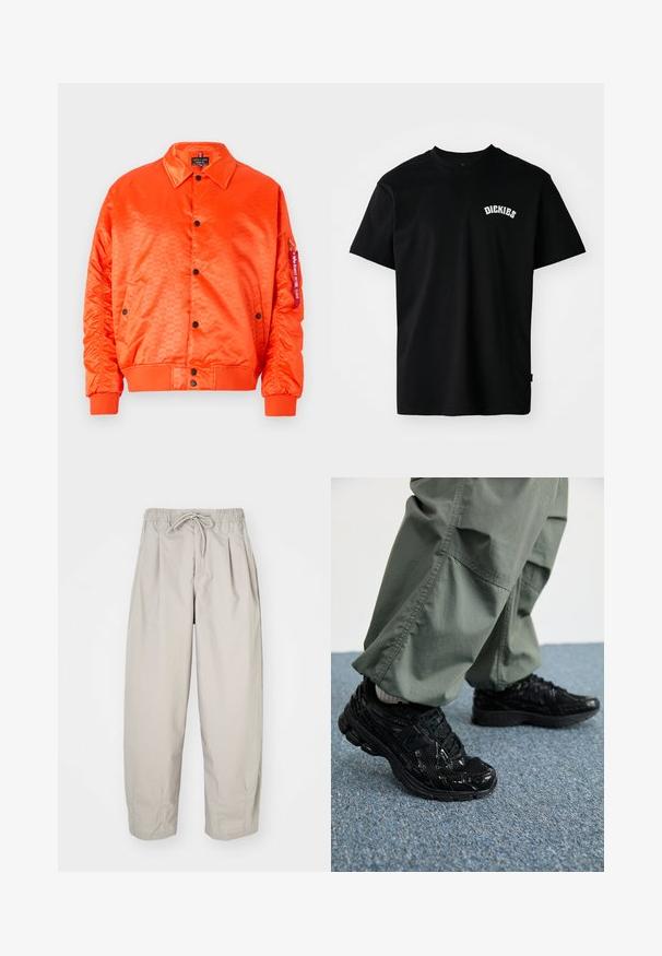 Svetlo oranžni satenski bomberski jopič z črnimi gumbi, rebrastimi manšeti in stranskimi žepi. Ima diskreten vzorec in označeno etiketo na rokavu.; Črna bombažna majica s kratkimi rokavi in krožnim ovratnikom. Ima belo ukrivljeno pentljo "DICKIES" na prsih. Preprost dizajn, brez vzorcev.; Bež hlače iz lahkega materiala z elastičnim pasom in vrvico. Imajo gube in ohlapen kroj, izdelane so iz mehkega, gladkega blaga.; Črne športne superge z sijajnimi in mrežastimi teksturami, ki imajo debel podplat in vezalke, v kombinaciji z ohlapnimi olivno zelenimi cargo hlačami.