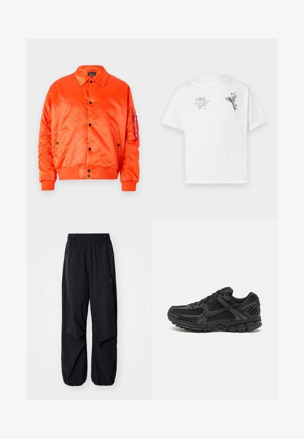 Lys oransje sateng bomberjakke med svarte knapper, ribbede mansjetter og sidelommer. Har et subtilt mønster og en merket lapp på ermet.; Hvit bomull t-skjorte med svart grafisk trykk av en bevinget figur og tekst, med rund hals og korte ermer.; Sorte lettvekts cargo-bukser i svart med elastisk midje, sidelommer med glidelås og romslige lommer. Har en løs passform og innsnørede mansjetter.; Sorte atletiske sko med mesh-overdel, gummisåle og teksturerte detaljer. Designet inkluderer uttalt snøringssystem og polstret såle.