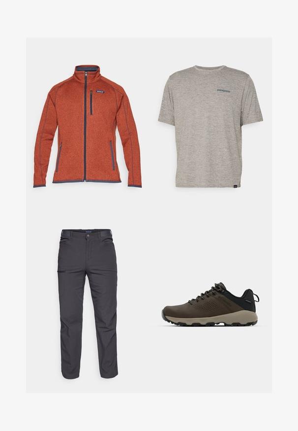 Patagonia BETTER SWEATER - Casaco polar - burnished red; Camiseta cinza de manga curta feita de um tecido suave e texturizado, com um pequeno logo azul da Patagonia no lado esquerdo do peito. Sem padrões adicionais.; Calças cinza-escuras feitas de um tecido durável, com um bolso com fecho éclair, corte reto e passantes para cinto para um ajuste ajustável.; Ténis impermeáveis castanhos com um upper texturizado, detalhes perfurados, apoio para o calcanhar preto e uma sola de borracha cinza. Os atacadores têm extremidades metálicas.