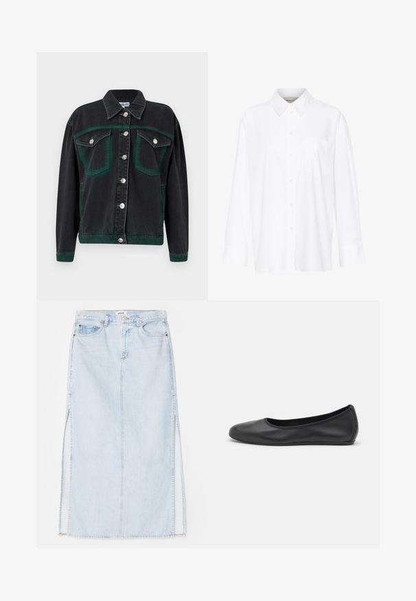 Black denim jacket with green accents, featuring silver buttons, two chest pockets, and a relaxed fit. The fabric has a soft texture.; White long-sleeve collared shirt made of cotton. Features a button-down front and a single chest pocket. Smooth texture, relaxed fit.; Light blue denim maxi skirt with a straight cut, featuring side slits and five-pocket design. Prominent stitching and metal button closure.; Black leather ballet flat with a rounded toe, smooth texture, minimal stitching detail, and a flexible sole design.
