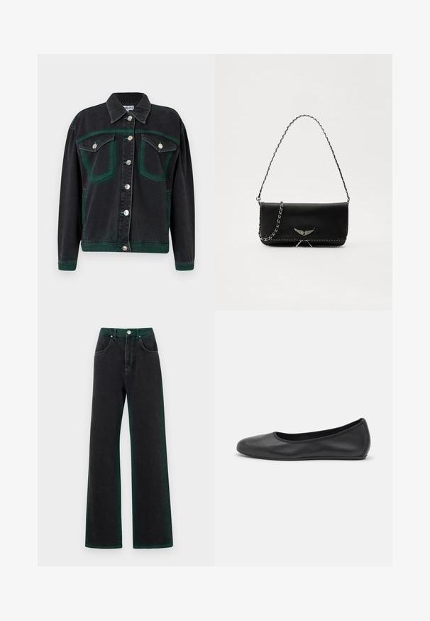 Mustat farkkijakku vihreillä yksityiskohdilla, jossa on hopeiset napit, kaksi rintataskua ja rento leikkaus. Kangas on pehmeää.; Valkoinen pitkähihainen kauluspaita, joka on valmistettu puuvillasta. Paidassa on napitettava etuosuus ja yksi rintatasku. Pehmeä pinta, rento malli.; Mustat leveälahkeiset farkut vihreillä yksityiskohdilla, valmistettu denimistä, korkea vyötärö, etutaskut ja metallinen nappikiinnitys.; Musta nahkainen ballerina, jossa on pyöristetty kärki, sileä pinta, minimaalinen ommelkoristelu ja joustava pohjamuotoilu.; Musta nahkalaukku, jossa on hopeaketjuolkaimet, koristelu siipiyksityiskohdilla ja valkoisella ommellulla sauman alareunassa.