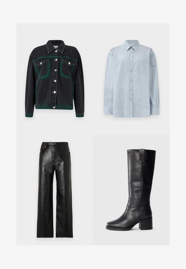 Mustat farkkijakku vihreillä yksityiskohdilla, jossa on hopeiset napit, kaksi rintataskua ja rento leikkaus. Kangas on pehmeää.; Vaaleansininen pitkähihainen napillinen paita, jossa on terävä kaulus ja rintatasku, tasaisena valkoista taustaa vasten.; Mustat leveälahkeiset nahkahousut kiiltävällä pinnalla, joissa on etutaskut, vetoketju ja nappikiinnitys. Tasainen tekstuuri koko housuissa.; Mustat nahkasaappaat, jotka ulottuvat polveen, sileällä pinnalla, neliön muotoisella varvalla, tukkipohjalla ja sivussa olevalla vetoketjulla, joissa on vain minimaalista ompelua.