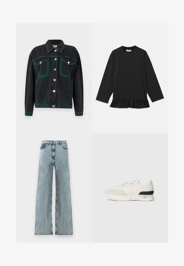 Svart denimjacka med gröna detaljer, prydd med silverknappar, två bröstfickor och en avslappnad passform. Tyget har en mjuk textur.; Svart långärmad topp med rund halsringning, volang längst ner och subtil textdetalj på framsidan. Tillverkad av mjukt, bekvämt material.; Ljusblå vida jeans i denim med hög midja, subtil slitage och en lös passform med raka ben.; Vit sneakers med en texturerad mocka tåbox, slät meshovandel, dekorativa snören och en svart gummihälaccents.