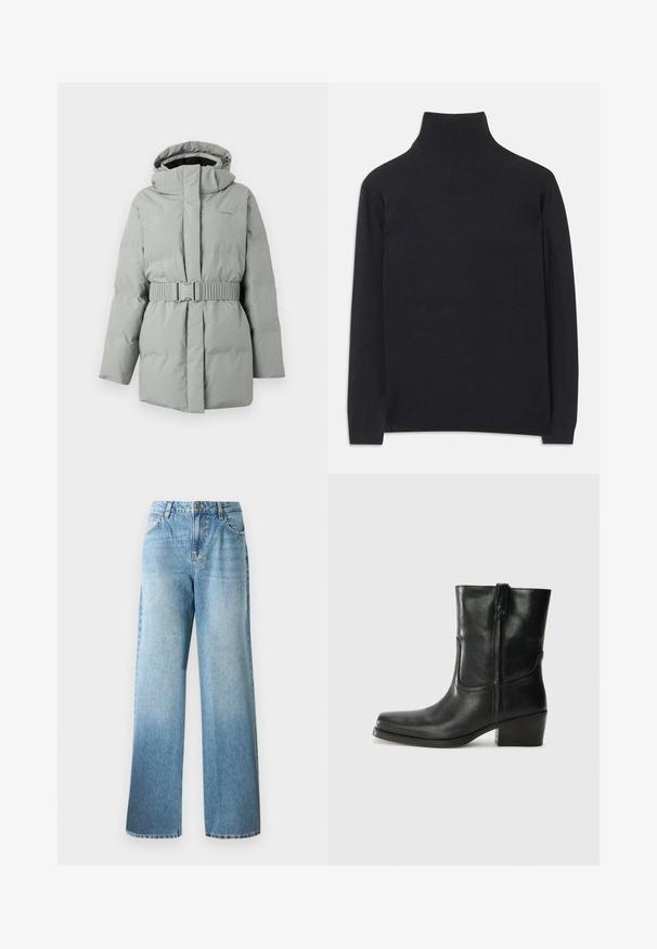 Jasnoszara, pikowana kurtka z kapturem i paskiem w talii, z gładką fakturą i minimalnym logo na górnej lewej stronie.; Czarny sweter z golfem wykonany z miękkiego materiału. Posiada długie rękawy, wysoki kołnierz oraz prążkowane mankiety i dół, co zapewnia dopasowany wygląd.; Jasnoniebieskie dżinsy w luźnym fasonie, proste nogawki i subtelne ozdoby. Posiadają tradycyjny pięciopPocketowy krój oraz szlufki na pasek.; Czarne skórzane botki za kostkę z okrągłym noskiem, słupkowym obcasem, bocznym zamkiem i przeszyciami na cholewce. Gładka tekstura, klasyczny design.