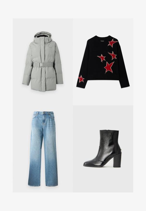 Svetlo sivi padded jopič z kapuco in pasom, z gladko teksturo in minimalnim logotipom na zgornji levi strani.; Črna pletena jopica s krožnim izrezom, ki ima na sprednjem delu in eni rokavu več rdečih zvezdastih vzorčkov z raztrganimi robovi.; Svijetloplave traperice s opuštenim krojem, ravnim nogavicama i suptilnim ukrasima. Sadrže tradicionalni dizajn s pet džepova i petlje za remen.; Črne usnjene gležnarske čevlje z gladko teksturo, koničastim nosom in debelim visokim petam. Imajo stransko odprtino in minimalističen dizajn.