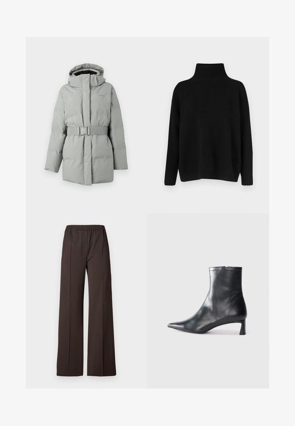 Svetlo sivi padded jopič z kapuco in pasom, z gladko teksturo in minimalnim logotipom na zgornji levi strani.; Črni pleteni pulover z visokim rebrastim ovratnikom, spuščenimi rameni in sproščenim krojem. Ima rebraste manšete in spodnji rob za dodatno teksturo.; Hlače širokih nogavica iz temno rjave tkanine z elastičnim pasom, ki se ponašajo z gladko teksturo in čistimi linijami za elegantno podobo.; Črne usnjene gležnjarje s šiljastim nosom in elegantnim dizajnom. Imajo nizko peto in zadrgo na zadnji strani. Gladka tekstura.