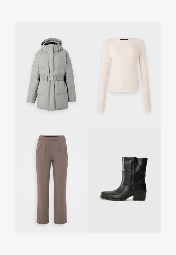 Light gray padded jacket with a hood and belted waist, featuring a smooth texture and minimal branding on the upper left.; Long-sleeve, light beige top with a round neckline. Made of soft fabric, features a central seam and slightly curved hem. No visible hardware.; Taupe loose-fit trousers with elastic waistband and front pleats, made from smooth fabric.; Black leather ankle boot with a rounded toe, block heel, side zipper, and stitching accents on the vamp. Smooth texture, classic design.