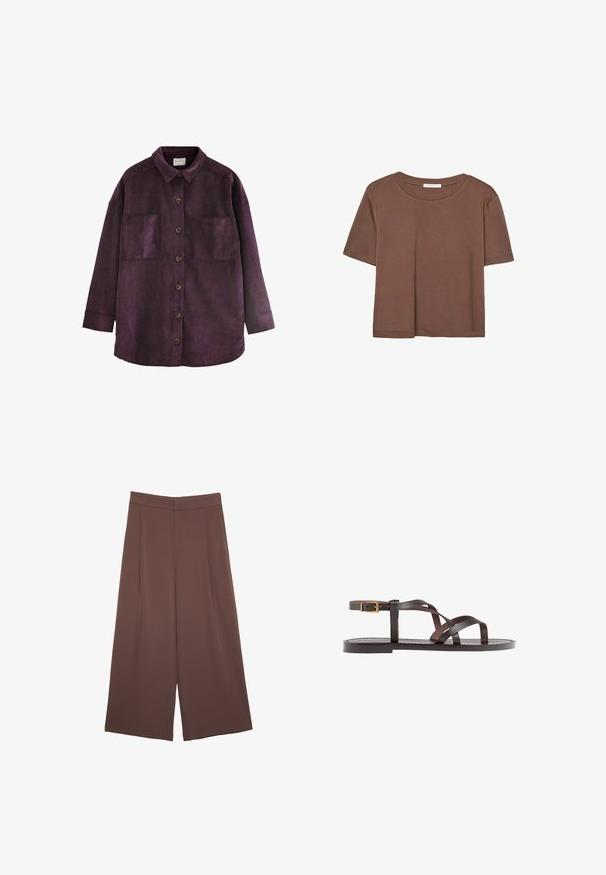 Next LIGHTWEIGHT SHACKET STANDARD - Korte frakker - burgundy red; Brun kortærmet t-shirt lavet af blødt stof, med rund halsudskæring og afslappet pasform. Ingen synlige mønstre eller detaljer.; Brune bredbunde bukser med en glat tekstur, der har høj talje og plisseringer foran. Stoffet er let og falder løst.; Brune lædersandal med krydsende stropper, ankelspænde og en flad sål med minimale syninger.