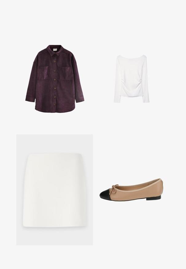 Next LIGHTWEIGHT SHACKET STANDARD - Cappotto corto - burgundy red; Top bianco a maniche lunghe con scollatura ampia e dettaglio arricciato sul retro. Texture liscia, design aderente.; Mini gonna bianca, aderente, con una texture liscia e linee pulite. Nessun motivo visibile o accessori. Orlo dritto sul fondo.; Ballerine in pelle beige con punta nera. Presenta un dettaglio a fiocco sul davanti e una texture liscia. Design a profilo basso con suola in gomma.