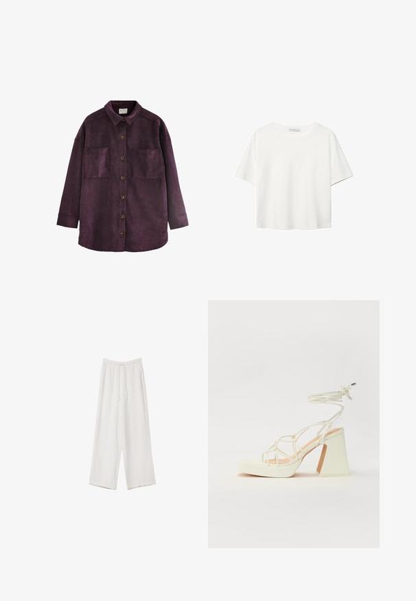 Next LIGHTWEIGHT SHACKET STANDARD - Manteau court - burgundy red; T-shirt blanc à manches courtes en coton. Doté d'un col ras du cou et d'une coupe décontractée. Texture lisse sans motifs ni accents visibles.; Pantalons larges blancs en tissu léger. Dotés d'une taille élastique avec cordon de serrage et de poches latérales. Texture lisse.; Sandale blanche à talons hauts avec un talon épais, présentant un design à lanières et un lien autour de la cheville. Texture lisse avec une plateforme à l'avant pour une hauteur supplémentaire.