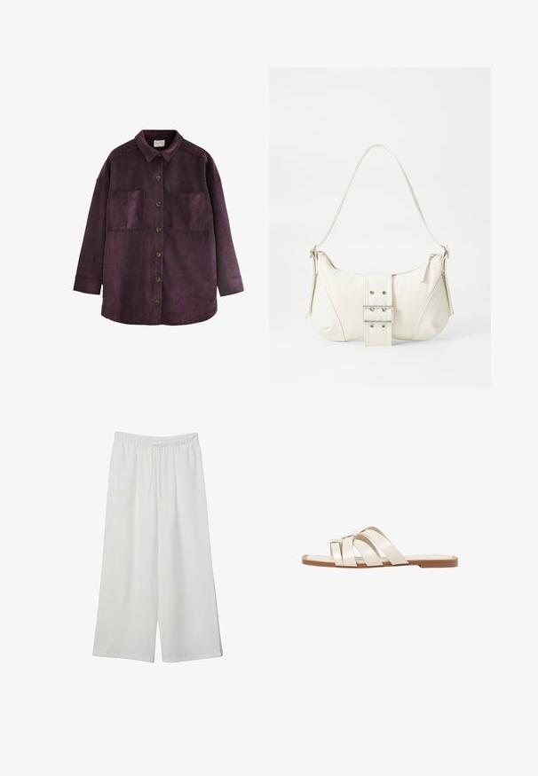 Next LIGHTWEIGHT SHACKET STANDARD - Krátky kabát - burgundy red; Biela krátkopsová tričko vyrobené z bavlny. Má okrúhly výstrih a voľný strih. Hladká textúra bez viditeľných vzorov alebo akcentov.; Biele široké nohavice z ľahkého materiálu s elastickým pásom a šnúrkou na nastavenie veľkosti. Hladká textúra.; Ploché sandále s hnedou gumovou podrážkou, navrhnuté s tromi prekrývajúcimi sa bielymi koženými popruhmi a malou mašličkou uprostred.; Biela taška cez rameno s textúrovaným povrchom, centrálnou prackou a zakriveným tvarom. Zipsy na oboch stranách.
