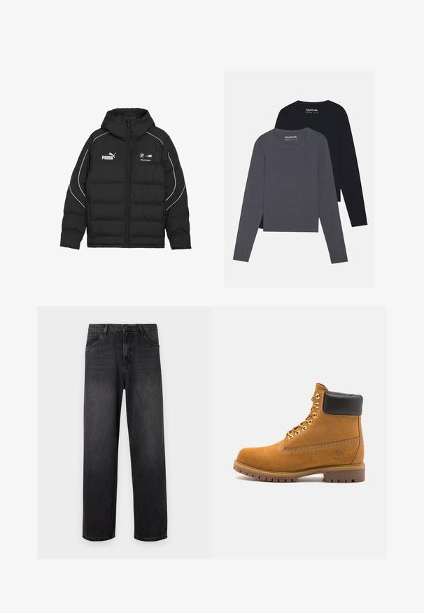 Black puffer jacket with hood, featuring white accents and logos for Puma and BMW Motorsport. Thick, quilted design for insulation.; YOURTURN 2 PACK UNISEX - Long sleeved top - dark grey/black; Dark gray denim jeans with a straight-leg design, featuring a zip fly, five pockets, and subtle fading details on the fabric.; Tan suede ankle boot with black padded collar, gold metal eyelets, white stitching detailing, and rugged rubber sole with pronounced treads.