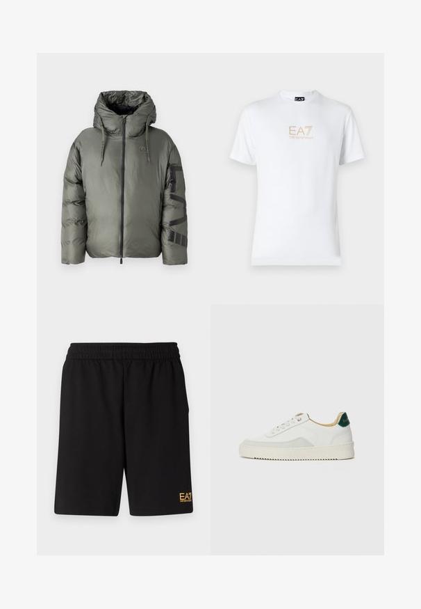 EA7 Emporio Armani GIUBBOTTO - Zimska jakna - beetle; Bela bombažna majica s krožnim izrezom in kratkimi rokavi, s pozlačenim logotipom EA7 Emporio Armani natisnjenim spredaj.; Črne športne kratke hlače iz mehkega blaga, z elastičnim pasom in majhnim rumenim logotipom EA7 na spodnjem levem delu noge.; Bela trenerka z zaključki iz semiša, okroglo konico, ravne vezalke in kremna gumijasta podplata. Ima zeleno blagovno znamko na peti.