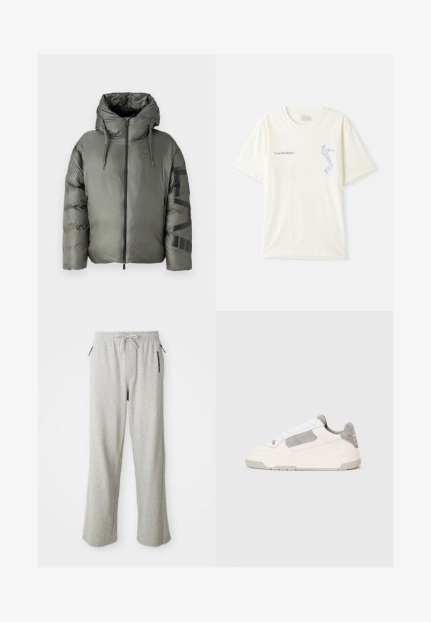 EA7 Emporio Armani GIUBBOTTO - Zimska jakna - beetle; Bijela pamučna majica s kratkim rukavima, s natpisom "Ujedinjeni ritmom" u crnoj i plavoj grafici na prsima. Okrugli izrez.; Sive trenirke od mekog materijala, s pojasom na vezanje, bočnim džepovima i otisnutim logotipom duž lijeve noge.; Bijele i svijetložute niske tenisice sa bijelim vezicama i akcentima od sued kože, prikazane sa strane na jednostavnoj svijetloj pozadini.