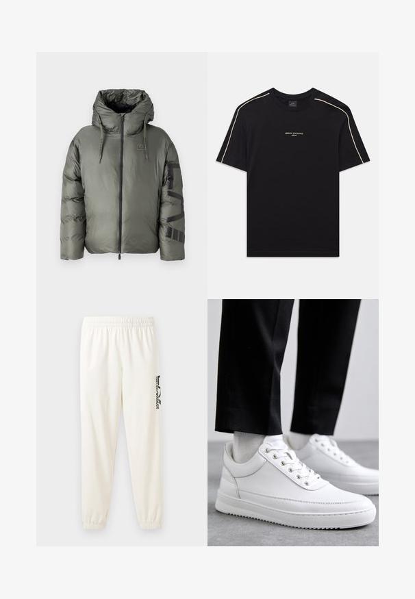 EA7 Emporio Armani GIUBBOTTO - Casaco de inverno - beetle; T-shirt de algodão preto com mangas curtas, gola redonda, costura de destaque bege nos ombros e logo ARMANI EXCHANGE ao centro.; Calças de treino beje claro com cintura elástica e punhos elásticos. Apresenta um logo preto impresso na perna esquerda. Tecido com textura suave.; Sneakers brancos de couro com uma sola de borracha plana, apresentando um acabamento suave, bico redondo e ilhós de metal para os atacadores. Usados com calças pretas.