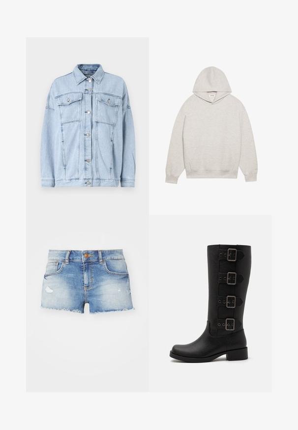 Light blue denim jacket with long sleeves, two chest pockets with flaps, silver buttons, and a classic collar. Soft texture with relaxed fit.; Light gray hoodie made of soft fabric, featuring a front kangaroo pocket, adjustable hood, and ribbed cuffs and hem.; Denim shorts in light blue with a distressed finish, frayed hem, five-pocket design, and a single button closure at the front.; Black tall boots made of smooth synthetic material. Features four decorative straps with rectangular metal buckles. Block heel design.