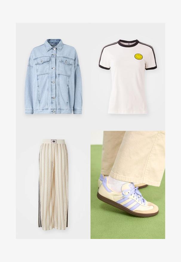 Light blue denim jacket with long sleeves, two chest pockets with flaps, silver buttons, and a classic collar. Soft texture with relaxed fit.; White cotton t-shirt with a black ribbed collar, short sleeves, black stripe accents, and a yellow smiley face embroidered on the chest.; Cream-colored wide-leg pants with a zigzag pattern, featuring a black logo waistband and side black stripes. Lightweight, textured fabric.; Cream and lavender sneakers with three stripes and a textured brown sole, featuring laces and a padded heel. Soft fabric upper.