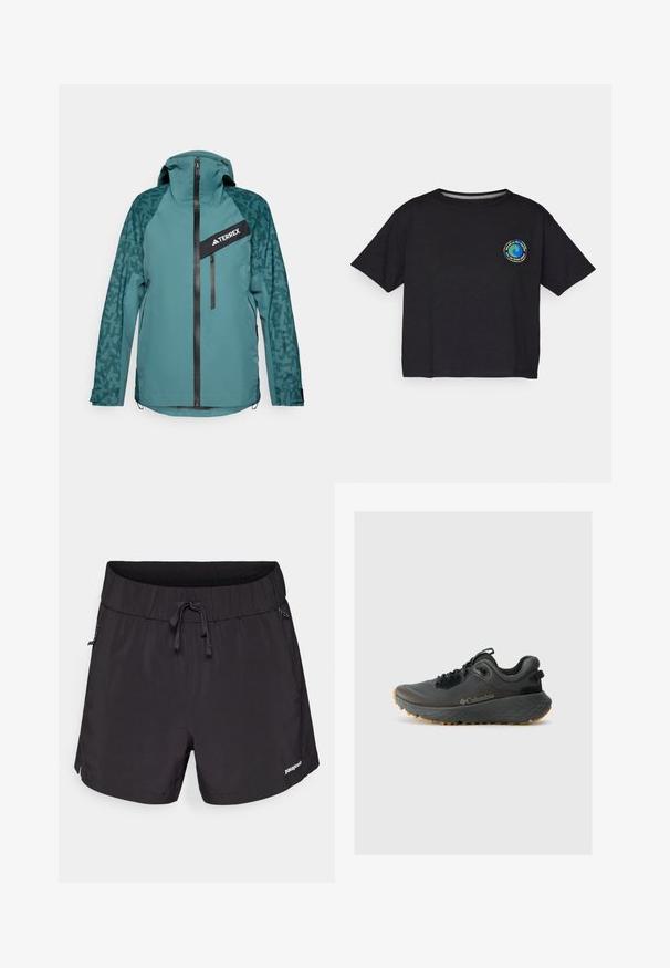adidas Terrex Hardshell bunda - aurora ivy/preloved teal; Čierne bavlnené tričko s krátkym rukávom s kruhovým viacfarebným logom na hrudi. Priamy lem a voľný strih.; Čierne plavecké šortky vyrobené z ľahkej tkaniny, s elastickým pásom, šnúrkou na sťahovanie a bočnými vreckami pre funkčnosť.; Columbia TERRASTRIDE CRZ - Turistické topánky - shark/black