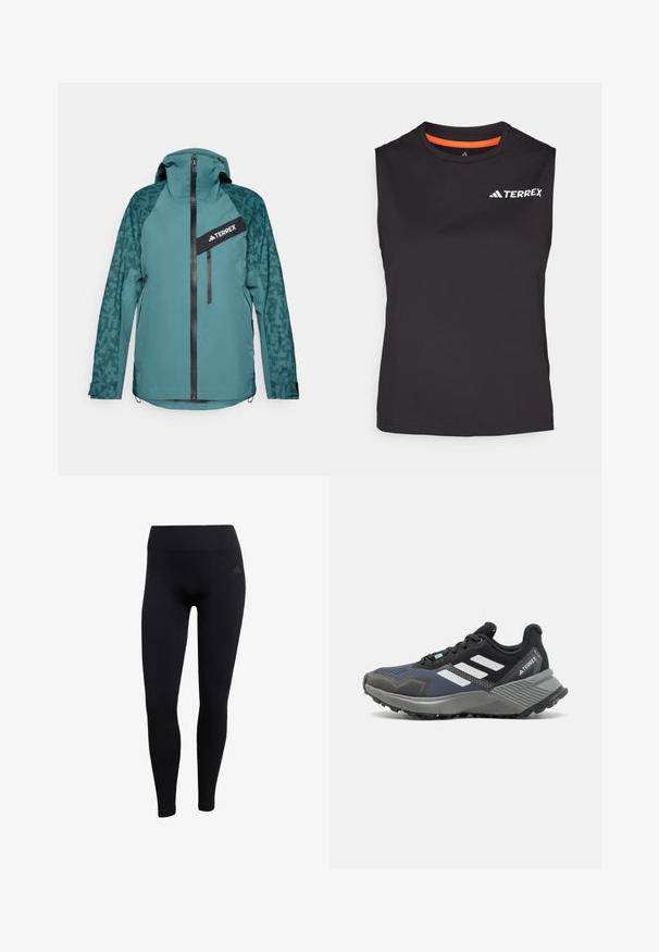 adidas Terrex Hardshell-jakke - aurora ivy/preloved teal; Ärmløs sort træningsshirt lavet af fugttransporterende stof. Har orange detaljer på kraven og "TERREX" logoet trykt i hvid.; Sorte atletiske leggings lavet af strækbart stof, med høj talje, tætsiddende design og ribbede ankelmanchetter. Diskret brandlogo.; Sportssko med mesh-overdel i nuancer af sort og blå. Har hvide striber, grå gummisål og struktureret mellemsål for greb.