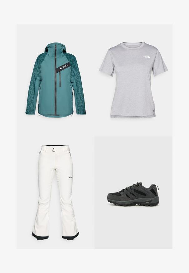 adidas Terrex Hardshelljacke - aurora ivy/preloved teal; Graues T-Shirt mit kurzen Ärmeln aus weichem, feuchtigkeitsableitendem Stoff. Hat einen Rundhalsausschnitt und ein kleines weißes Logo auf der oberen linken Seite.; Weiße Skihosen aus weichem, flexiblem Material. Mit einer taillierten Taille, weiten, ausgestellten Beinen und schwarzem Abschluss an den Säumen. Markenlogo sichtbar.; Columbia REDMOND - Hikingschuh - black/citron haze