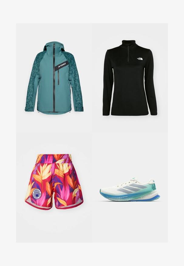 adidas Terrex Veste Hardshell - aurora ivy/preloved teal; Pull noir à manches longues avec un col montant et une fermeture éclair quart, fabriqué à partir d'un tissu lisse, avec un logo blanc sur la poitrine gauche.; Shorts colorés en rose avec un motif floral comportant des feuilles jaunes et violettes, taille élastique, et un logo blanc sur la jambe gauche.; Baskets de course blanches avec une tige en mesh respirant, une semelle intermédiaire bleu clair et des accents teal. Présente un design aérodynamique et une semelle texturée.