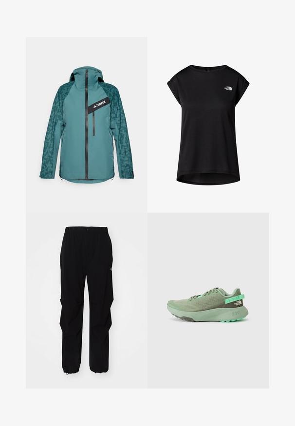 adidas Terrex Hardshelljacke - aurora ivy/preloved teal; Schwarzes T-Shirt mit kurzen Ärmeln aus weichem Stoff. Hat einen runden Halsausschnitt und ein auf der Brust gedrucktes Logo. Entspannt, leicht lockere Passform mit abgerundetem Saum.; Schwarze Outdoor-Hosen aus langlebigem Material, mit lockerer Passform, elastischem Bund und verstellbaren Bündchen für variable Längen.; Grüner Sportschuh mit Mesh-Obermaterial, strukturierten Überzügen und einer dicken Gummisohle. Verfügt über eine Zuglasche und ein Logodetail an der Ferse.