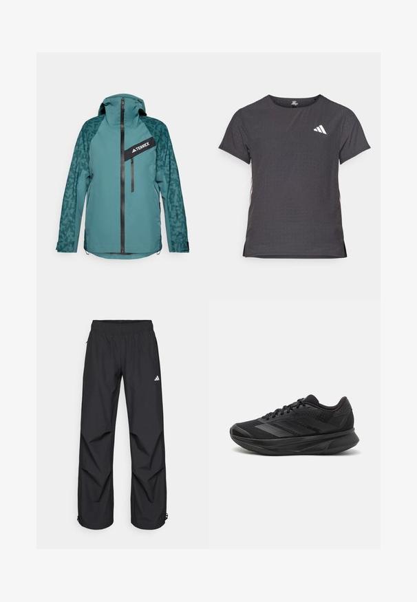 adidas Terrex Hardshell-jakke - aurora ivy/preloved teal; Kortærmet atletisk t-shirt, mørkegrå med perforeret tekstur. Har et hvidt logo og kontrastfarvede sidelister. Rundet halsudskæring.; Sorte, letvægts, vandtætte bukser med elastisk talje, sidelommer og justerbare manchetter. Har et hvidt logo på venstre lår.; Sort løbesko med en åndbar mesh-overdel, afrundet tå, strømlinet design, teksturerede detaljer og en polstret sål for komfort.