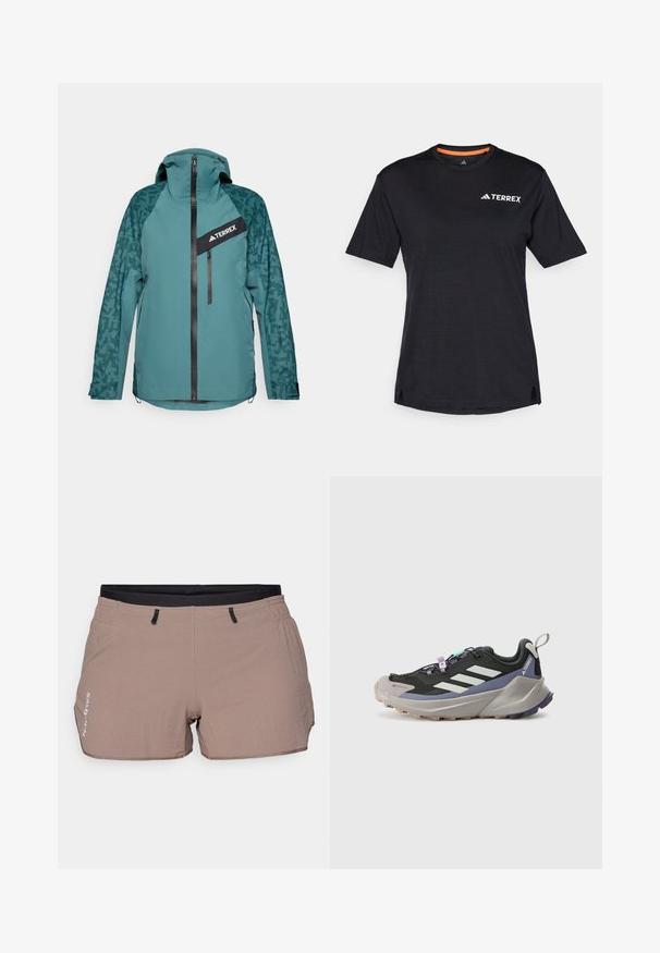 adidas Terrex - Kurtka hardshell; Czarna koszulka krótki rękaw z okrągłym dekoltem, z subtelną teksturą melanżową i białym logo "TERREX" po lewej stronie na górze.; Beżowe szorty wykonane z lekkiego materiału, z teksturowanym wzorem, elastyczną talią z czarnymi akcentami oraz dwiema bocznymi kieszeniami.; Czarne buty sportowe z cholewką Gore-Tex, białymi paskami, fioletowymi akcentami, grubą szaro-skalą podeszwą środkową oraz teksturowaną szaro-skalą podeszwą zewnętrzną dla lepszej przyczepności.
