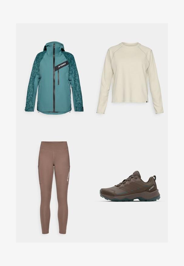 adidas Terrex Hardshell jacket - aurora ivy/preloved teal; Light beige long-sleeve top with a textured, ribbed design. Features raglan sleeves and a rounded neckline. Subtle brand logo at the hem.; Brown athletic leggings with a high waistband, featuring side pockets and a white logo. Smooth, stretchy fabric for comfort and mobility.; Gray and teal hiking shoes with mesh panels, textured upper, and rugged rubber outsole. Features padded tongue and lace-up design.