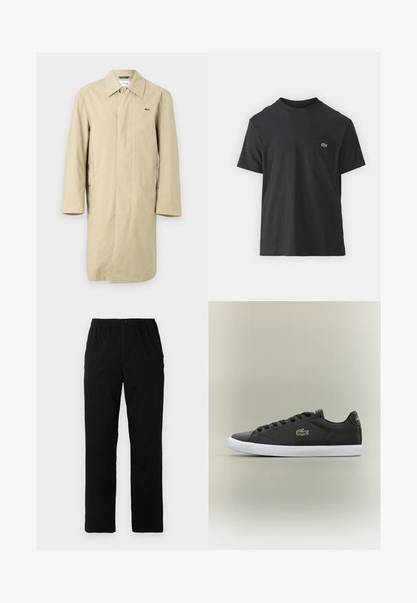 Capa de chuva bege com gola, mangas longas e bolsos laterais. Apresenta um pequeno logótipo verde no peito. Tecido suave e leve.; Camiseta de algodão preta com mangas curtas, decote redondo e um pequeno logo verde no bolso do peito esquerdo. Design simples, corte regular.; Calças pretas feitas de um tecido de algodão misto, com corte reto, cintura elástica com botão e sem padrões ou detalhes visíveis.; Tênis de couro preto com sola de borracha branca, apresentando um logotipo de crocodilo verde e cadarços redondos, design elegante com textura suave.