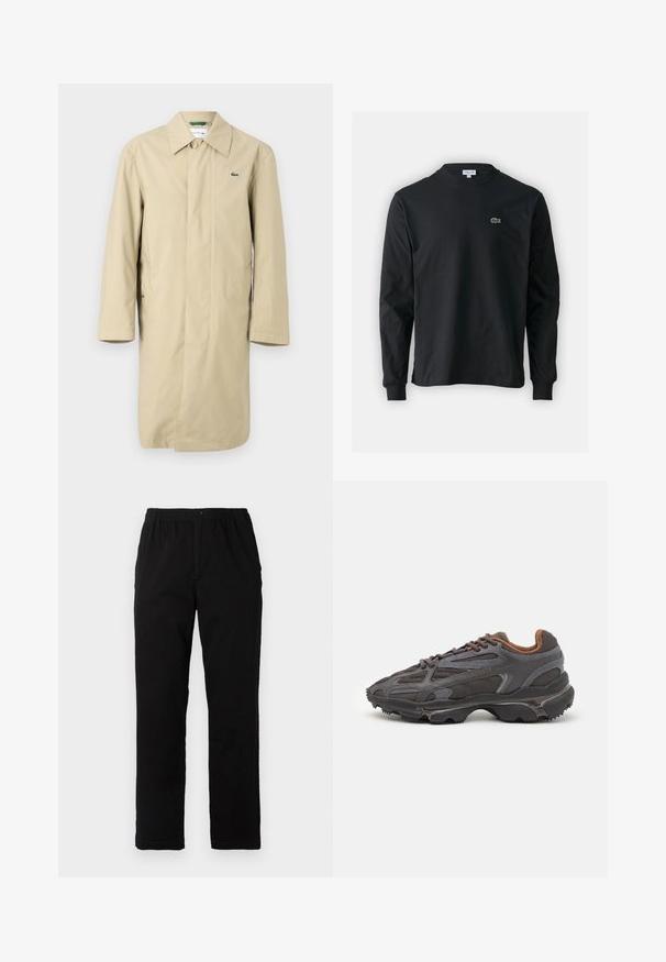Cappotto impermeabile beige con collo a camicia, maniche lunghe e tasche laterali. Presenta un piccolo logo verde sul petto. Tessuto liscio e leggero.; T-shirt a maniche lunghe nera in cotone, con scollatura rotonda e un piccolo logo di coccodrillo ricamato in verde sul lato sinistro del petto.; Pantaloni neri realizzati in un tessuto misto cotone, caratterizzati da un taglio dritto, vita elastica con bottone e senza motivi o dettagli visibili.; Sneaker Lacoste grigie scure in materiale mesh e sintetico, con suola testurizzata e dettagli marroni sul colletto e sul branding.