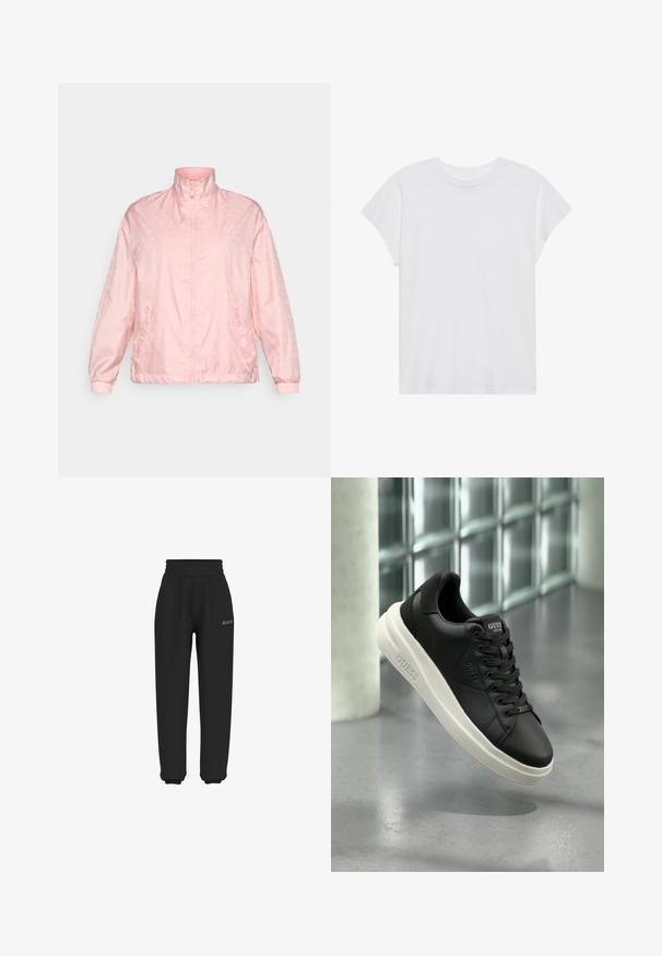 Világos rózsaszín, cipzáros dzseki magas gallérral, finom mintával, elasztikus mandzsettákkal és enyhén fényes szövettextúrával.; Fehér, rövid ujjú póló, kerek nyakkivágással, laza szabású, puha pamut anyagból készült. Sima felület, nincs rajta minta vagy logó.; Fekete melegítő nadrág puha anyagból, rugalmas derékkal és szegélyekkel; diszkrét logóval a csípőnél.; Fekete, alacsony szárú Guess sneaker fehér talppal, fűzővel és oldalt, valamint a nyelvén márkajelzéssel, üvegtéglából készült háttér előtt bemutatva.