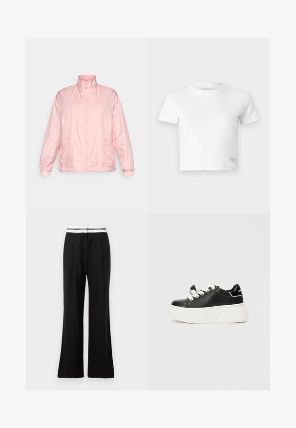 Chaqueta de color rosa claro, con cremallera y cuello alto, que presenta un patrón sutil, puños elásticos y una textura de tela ligeramente brillante.; Camiseta blanca corta hecha de algodón suave, con un cuello alto y mangas cortas. Pequeño logo bordado en la esquina inferior.; Pantalones negros de corte relajado, con una cinturilla elástica blanca que lleva marca. Fabricados en un tejido suave con un ligero brillo.; Zapatilla de cuero negra con una gruesa suela blanca estriada, que presenta cordones blancos y un lazo decorativo en la lengüeta.