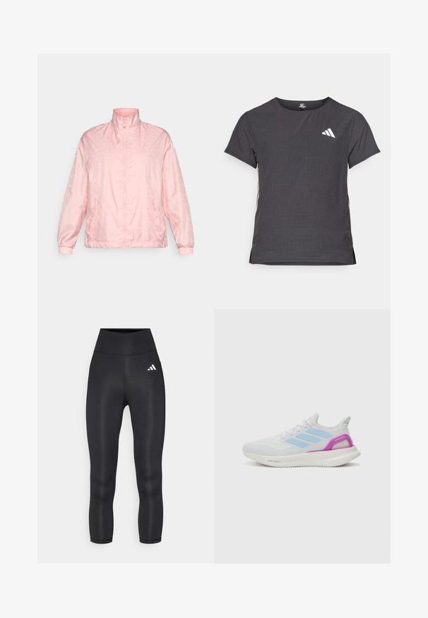 Casaco rosa claro, com fecho éclair e gola alta, apresentando um padrão subtil, punhos elásticos e uma textura de tecido ligeiramente brilhante.; T-shirt atlético de mangas curtas, cinza escuro com textura perfurada. Apresenta um logo branco e riscas laterais contrastantes. Decote arredondado.; Leggings pretos de cintura alta com um material liso e elástico e um pequeno logotipo branco da Adidas no quadril esquerdo.; adidas Performance PUREBOOST 5 - Sapatos para corrida em estrada - white/glow blue/purple burst