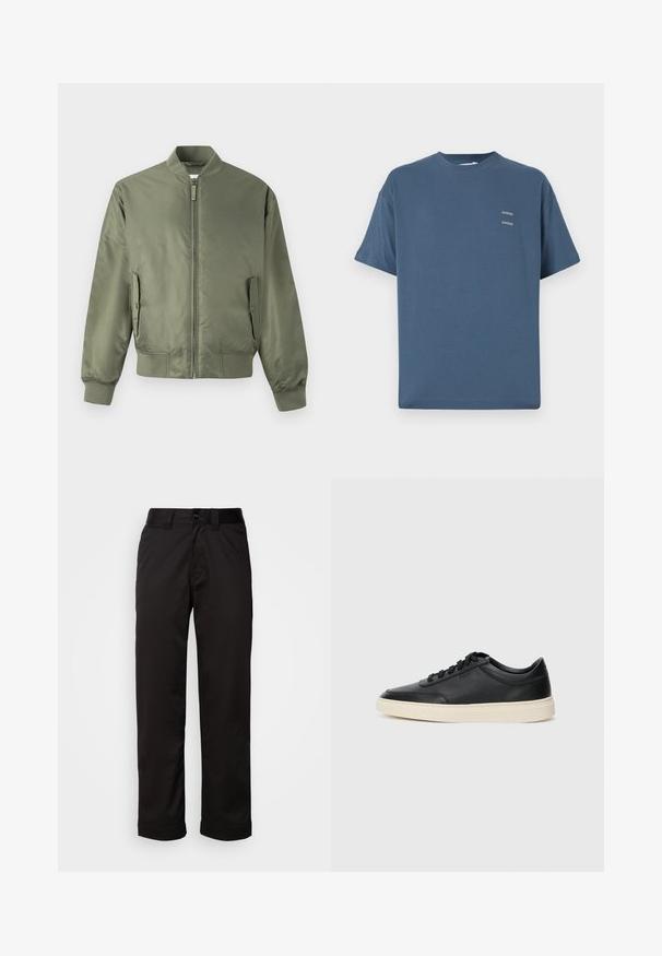 Olivinės spalvos bombonešio striukė, pagaminta iš lygios, lengvos medžiagos. Turi priekį užsidarančią užtrauktuką, ėriukų slaptes ir dvi šonines kišenes.; Mėlynas medvilninis marškinėliai su klasikinėmis apvalia kaklo iškirpte, trumpomis rankovėmis, laisvu siluetu ir dviem mažais atspausdintais logotipais ant krūtinės. Lygi tekstūra.; Juodos kelnės, pagamintos iš lygaus audinio, su užtrauktuku, mygtuko uždarymu ir sukietintais riešais neformaliam dizainui.; Juoda žema viršutinė odinė sportbačiai su juodais raišteliais ir kreminiu padu, pateikti šoniniame profilyje ant baltos fono.