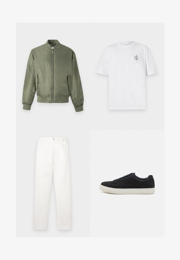 Olivinės spalvos bombonešio striukė, pagaminta iš lygios, lengvos medžiagos. Turi priekį užsidarančią užtrauktuką, ėriukų slaptes ir dvi šonines kišenes.; Balta medvilninė marškinė su laisvu siluetu, su mažą juodą grafiką logotipą kairėje krūtinės pusėje. Trumpomis rankovėmis, apvaliu kaklu.; Balti kelni, pagaminti iš lygaus audinio, turi tiesią kojos konstrukciją, priekinę klostę ir vieną mygtuką juosmens srityje.; Juodas zomšinės sportbačiai su apvaliu nosiu, balta guma padais, kontrastingais mėlynais raišteliais ir lygia tekstūra. Minimalistinis dizainas be matomo logotipo.