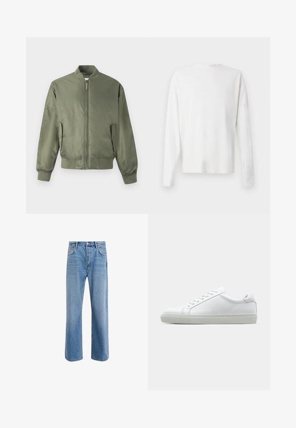 Olivenfarget bomberjakke laget av glatt, lett stoff. Har glidelås foran, ribbede mansjetter og to sidelommer.; Langermet hvit bomullsskjorte med rund hals, sidespalter nederst og en jevn tekstur, vist fra baksiden.; Lys blå denimjeans med rett ben-design, fem lommer, knappeåpning, minimal falming og kontrasterende sømdetaljer.; Hvit sneakers med en glatt skinnoverdel og lav profil. Har en rund tå, seks snøring hull, og en teksturert gummisåle.
