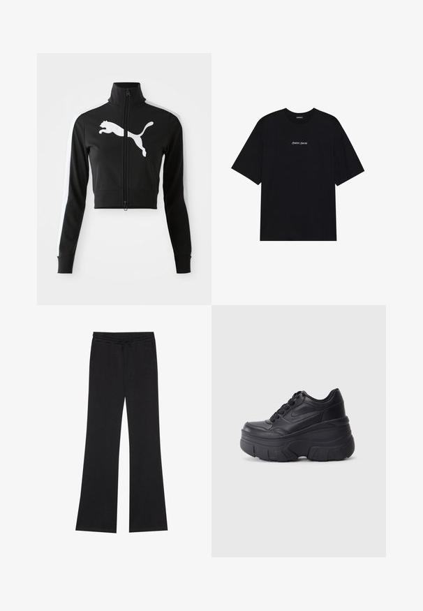 Črna skrajšana jakna z visokim ovratnikom, popolnim zadrgo, belimi stranskimi črtami in velikim belim logotipom Puma spredaj. Mehka, gladka tkanina.; Črna bombažna majica s ohlapnim dizajnom. Ima kratke rokave in zaobljen izrez. Na sprednji strani je osrednji napis "Pozitivno Iskreno" v beli barvi.; Even&Odd Spodnji deli trenirk - black; Črne vezalke čevlji s debelim podplatom, z gladkim usnjem na vrhu, okroglo konico in izrazitim plastastim oblikovanjem podplata.