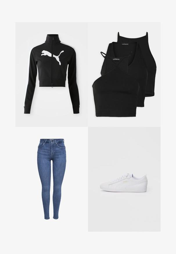 Sort cropped jakke med høj krave, fuld lynlås, hvide sidestænger og stort hvidt Puma-logo på forsiden. Blødt, glat stof.; Sorte cropped tops i blødt, strækbart stof med tynde stropper og et krydset design. Har en rund halsudskæring og sømløs afslutning.; Blå højtaljede skinny jeans med forlommer, knap, lynlåslukning og bæltestropper, præsenteret på en hvid baggrund.; Hvide low-top Puma sneakers med snørebånd front, diskret branding på siden og sålen, samt en glat syntetisk overdel til hverdag.