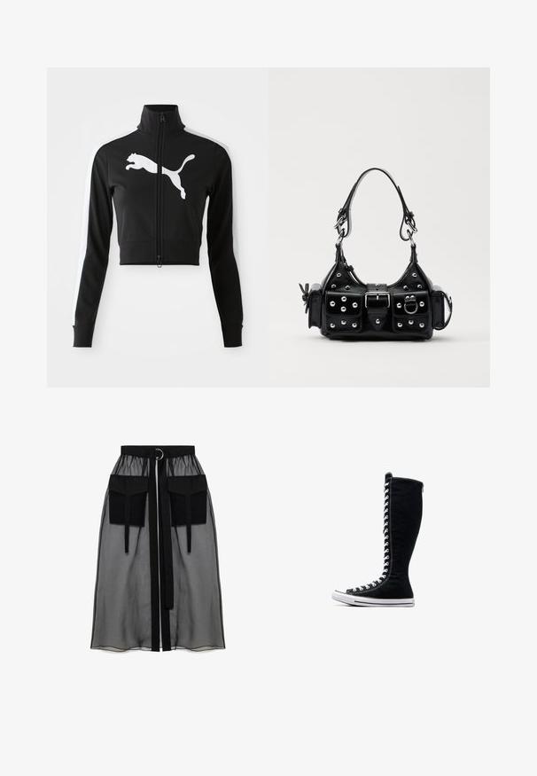 Melna kroptā jaka ar augstu apkakli, pilnu rāvējslēdzēju, baltām sānu joslām un lielu baltu Puma logo priekšpusē. Mīksta, gluda auduma.; Melnā garām piedurknēm kroplika blūze ar augstu kakla izgriezumu, caurspīdīgu sieta paneli jostasvietā un strukturētām šuvēm pieguļošam dizainam.; Melnā caurspīdīgā svārka ar salikto jostasvietu, kas ietver divas lielas priekšējās kabatas, jostas saitīti un apaļu metāla akcentu.; Melni augstie sporta apavi ar augstu dizainu, izgatavoti no kanvas. Iezīmēti ar baltiem auklām, diegojumiem un gumijas zoli ar purngalu.; Melnas ādas rokturmais ar izliekumu, ar sudraba iedurtiem, sprādzi un divām sānu kabatām. Regulējams siksniņas garums dažādām nēsāšanas iespējām.