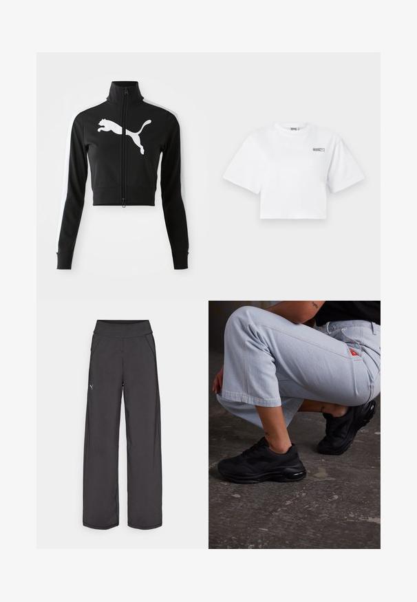 Zwarte cropped jasje met hoge kraag, volledige rits, witte zijkanten en groot wit Puma-logo op de voorkant. Zacht, glad materiaal.; Witte korte mouwen cropped t-shirt met een klein "HOSIE" en Puma logo op de bovenkant van de linkerborst.; Zwarte sportbroek met een brede tailleband, zijzakken en platte naden. Bevat een klein logo op het linkerbeen. Gemaakt van gladde, rekbare stof.; Zwarte sportieve sneakers met een gestructureerde bovenkant, dikke zool en luchtkussen. Samengevoegd met lichtblauwe cropped broeken in een casual houding.