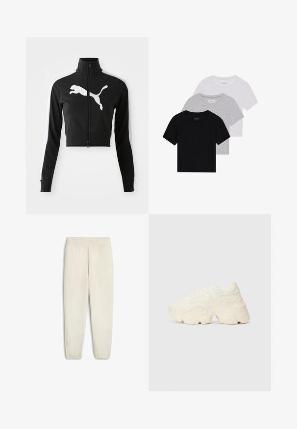 Sort cropped jakke med høj krave, fuld lynlås, hvide sidestænger og stort hvidt Puma-logo på forsiden. Blødt, glat stof.; Sæt af tre kortærmede t-shirts i sort, grå og hvid. Fremstillet af bomuld, har en rund hals og et enkelt, ensfarvet design.; Lys beige sweatpants lavet af blødt stof, med elastisk talje, afslutning ved anklerne og et lille hvidt logo på siden.; Chunky hvide sneakers lavet af tekstureret mesh og syntetiske materialer, med en tyk sål og intrikate mønsterdetaljer langs siderne.
