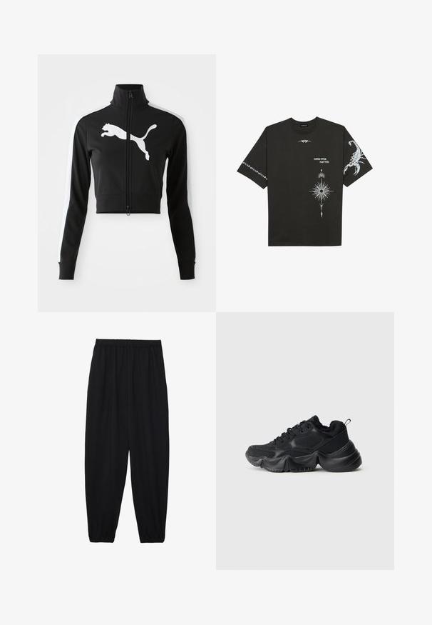 Sort cropped jakke med høj krave, fuld lynlås, hvide sidestænger og stort hvidt Puma-logo på forsiden. Blødt, glat stof.; Sort bomulds T-shirt med hvide grafiske prints, herunder en skorpion og abstrakte designs. Korte ærmer; rund halsudskæring.; Sort, lette bukser med elastisk talje og sammenfoldede ankler. Stoffet er glat og har et afslappet, indsnævret design.; Sorte sneakers med en blanding af glatte og strukturerede materialer, tykke såler, rund form og dekorativ stikning. Har en blød, fyldig kant.