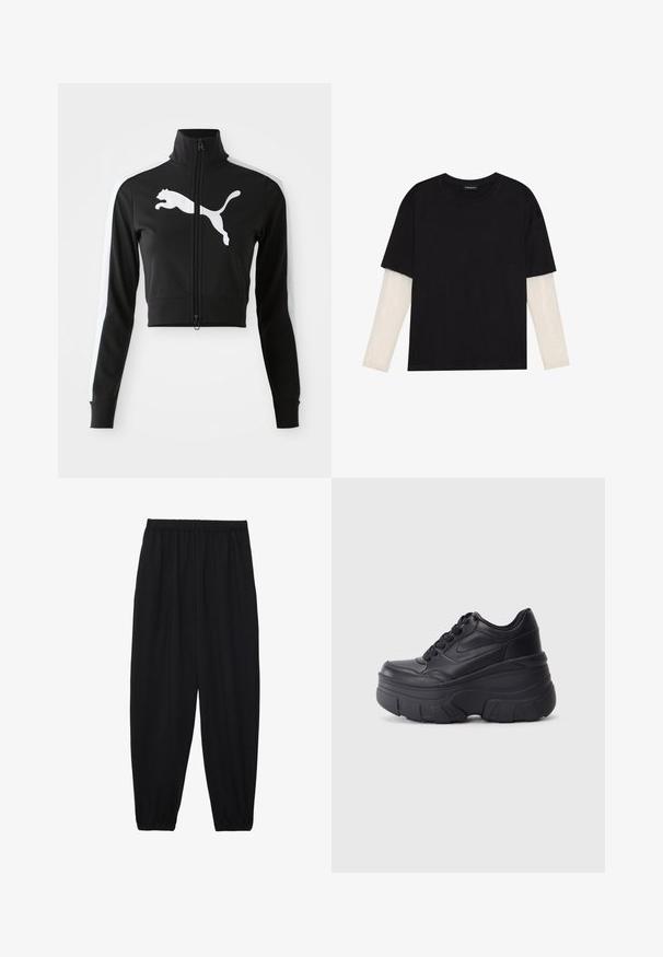 Schwarze kurze Jacke mit hohem Kragen, vollem Reißverschluss, weißen Seitenstreifen und großem weißen Puma-Logo auf der Vorderseite. Weicher, glatter Stoff.; Schwarzes T-Shirt aus Baumwolle mit kurzen Ärmeln über einer weißen Langarmschicht, die ein dezentes strukturiertes Muster aufweist. Rundhalsausschnitt.; Schwarze, leichte Hosen mit einem elastischen Bund und gerafften Knöcheln. Der Stoff ist glatt und hat ein entspanntes, schmal zulaufendes Design.; Schwarze Schnürsneaker mit einer klobigen Sohle, ausgestattet mit einem glatten Leder-Obermaterial, runder Zehenpartie und markantem, geschichteten Plattformdesign.