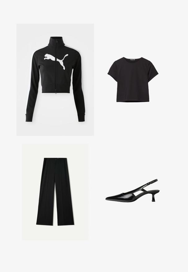 Giacca nera cropped con colletto alto, zip completa, strisce bianche laterali e grande logo Puma bianco sul davanti. Tessuto morbido e liscio.; Top corto a maniche corte nero, realizzato in un tessuto morbido, con scollo rotondo e una vestibilità comoda con orlo pulito.; Bershka WIDE - Pantaloni - black; Tacchi slingback in pelle verniciata nera con punta affusolata, design con tagli laterali e tacco quadrato piccolo. Texture liscia con dettagli minimi.