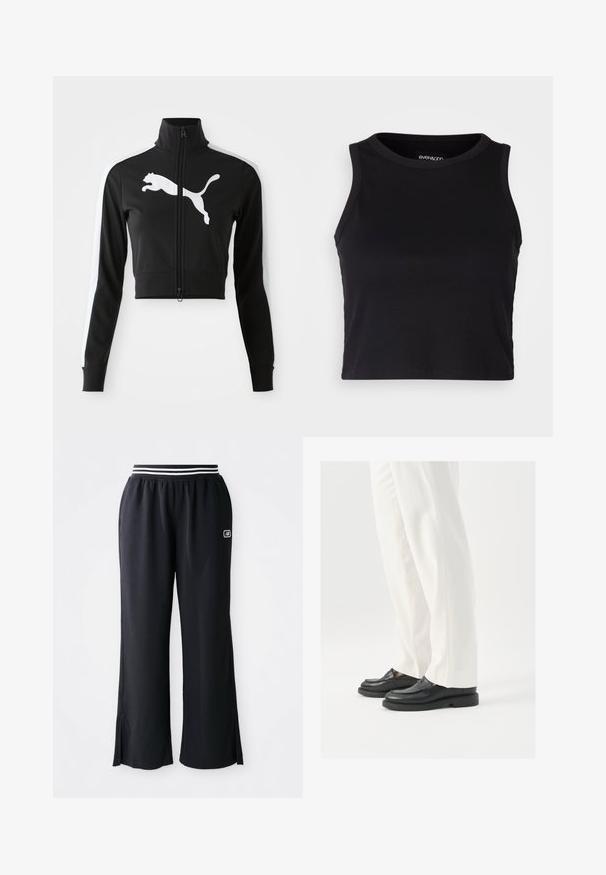 Mustmust mustiga kraega lühike jakk, täispikk tõmblukk, valged külgedel triibud ja suur valge Puma logo ees. Pehme ja sile kangas.; Mustard ribaga lõhikuga crop top, millel on ümar kaelus ja ilma varrukateta disain. Valmistatud pehmest ja venivast kangast, millel on puhtad äärised.; Mustad sportpüksid laia sääre disainiga, elastse vöökoha, kus on mustad ja valged triibud, ning külgslõikega all ääres.; Mustad musta nahast loafers, millel on sile tekstuur, õmblustäiendused ja ümar nina, koos valgete kohandatud pükstega.