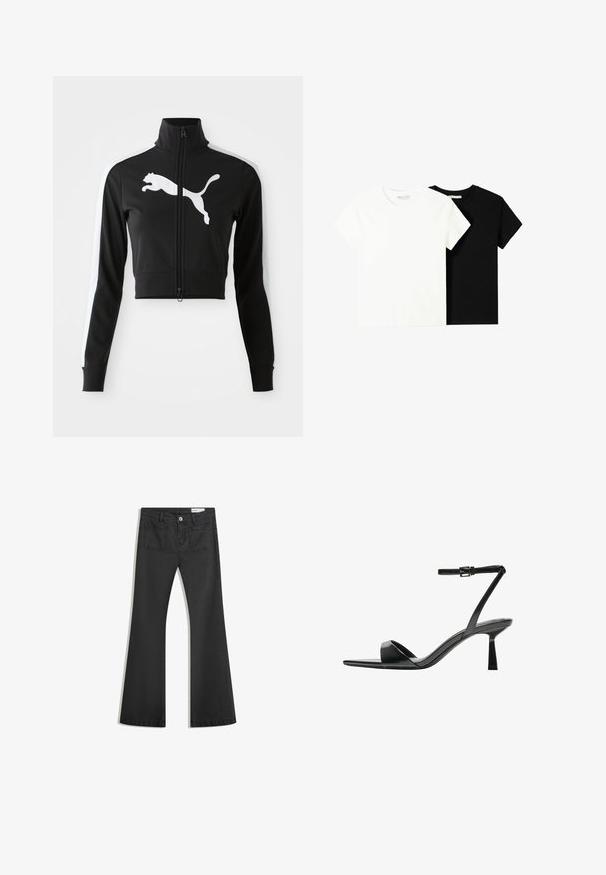 Fekete cropped dzseki magas gallérral, teljes cipzárral, fehér oldalsávokkal és nagy fehér Puma logóval az elején. Puha, sima anyag.; Két rövid ujjú póló, az egyik fehér, a másik fekete, pamutból készült. Mindkettő kerek nyakkivágással és egyszerű, klasszikus dizájnnal rendelkezik.; Fekete, sima textúrájú farmer flare nadrág, két hátsó zsebbel és gombos derékkal.; Bershka Magas sarkú szandálok - black
